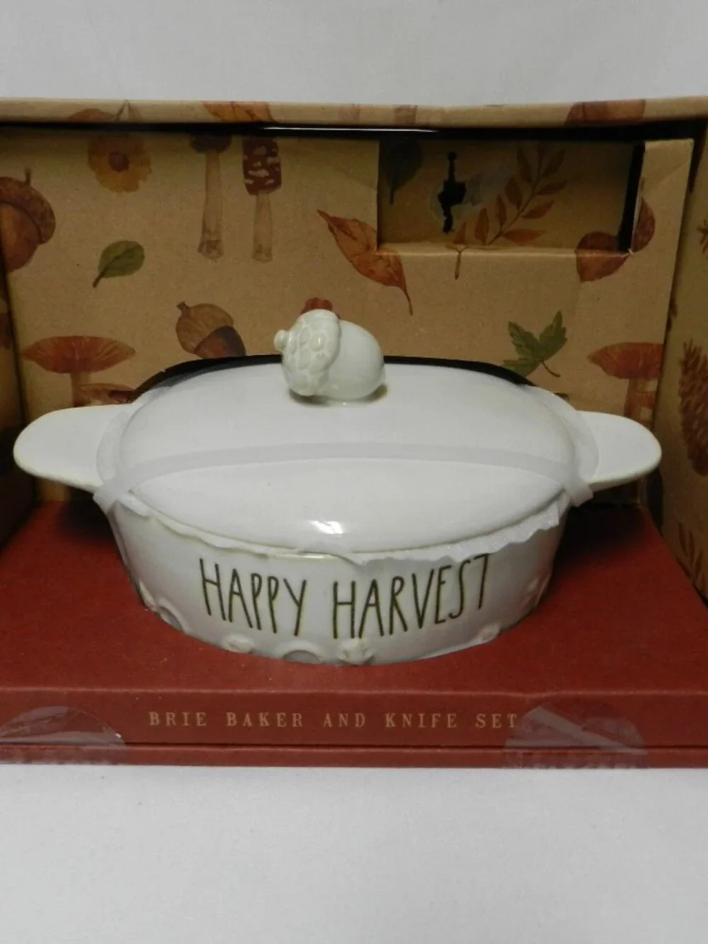Rae Dunn NEW Happy Harvest Brie Baker and Spreader Thanksgiving 13.5 oz Lid NIB